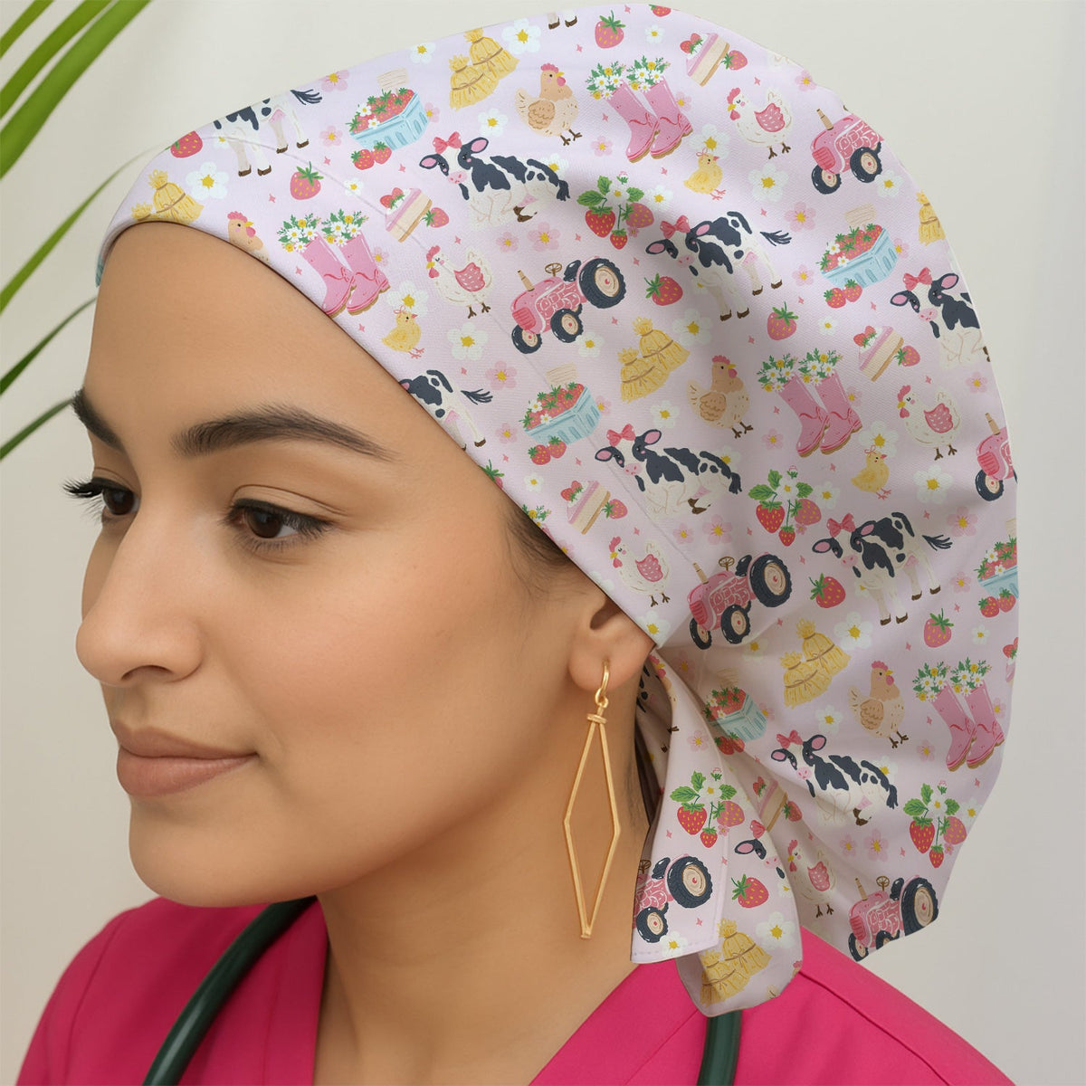 Farm Animals Strawberry Garden Scrub Cap