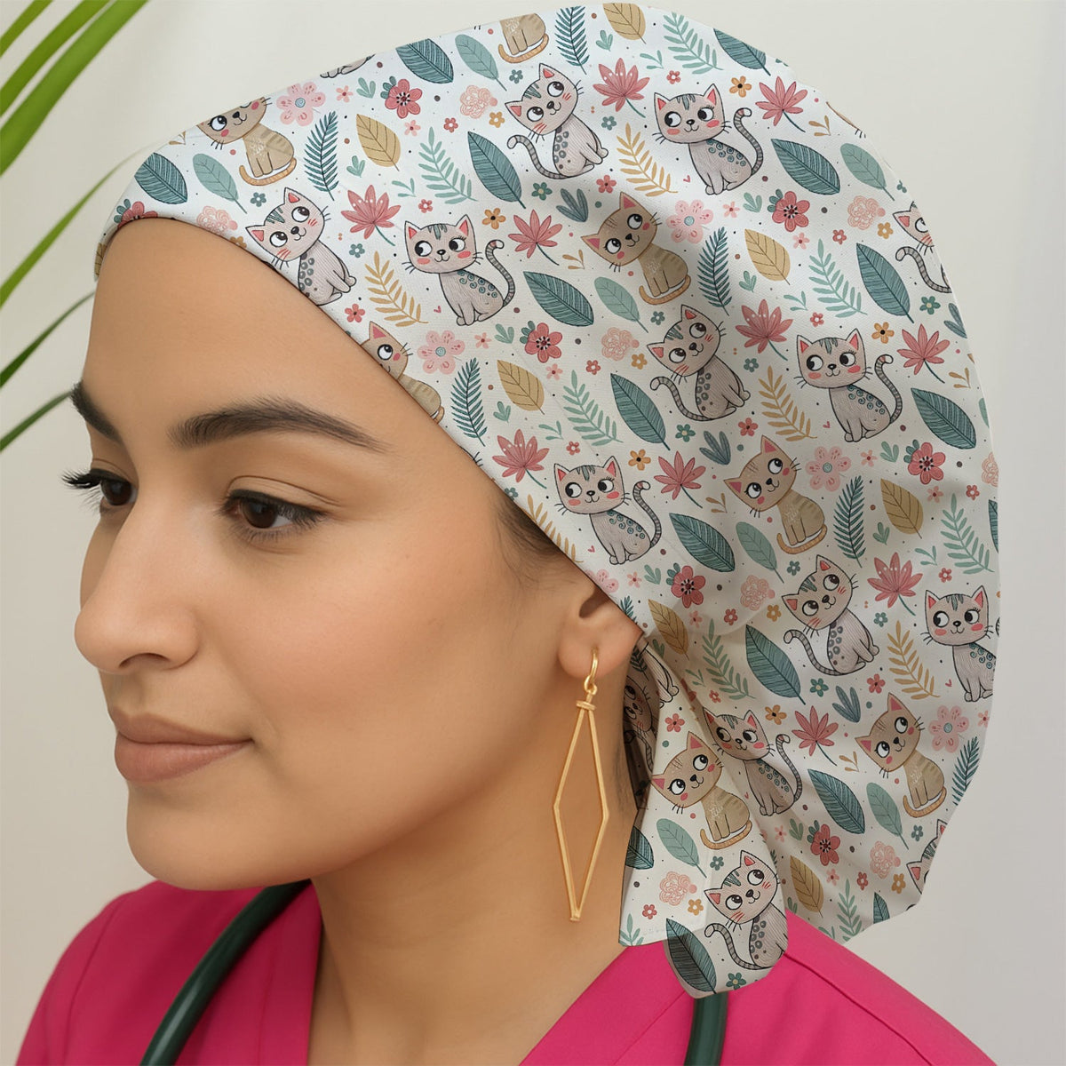Cat Floral Leaf Scrub Cap