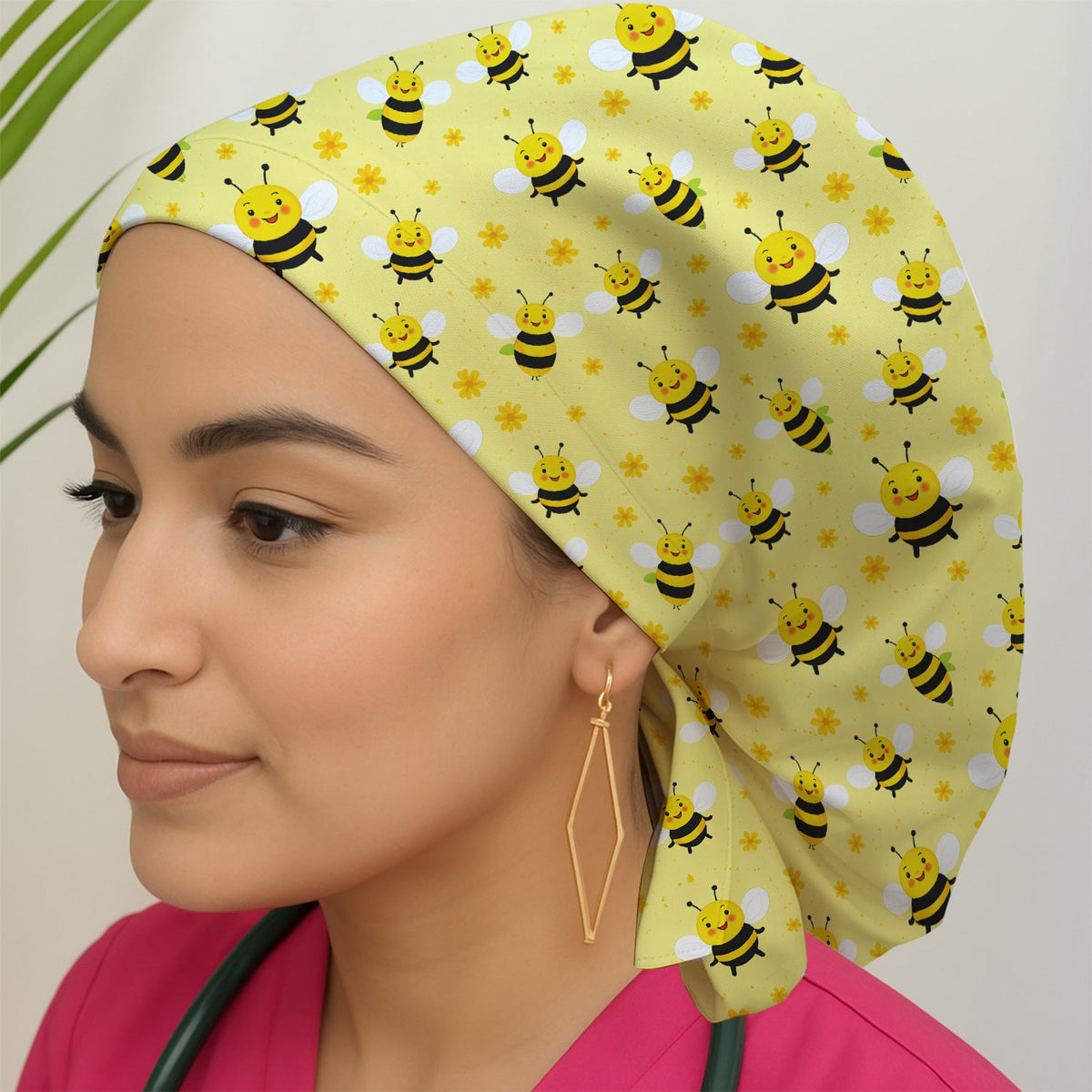 Smiling Bee Yellow Floral Scrub Cap