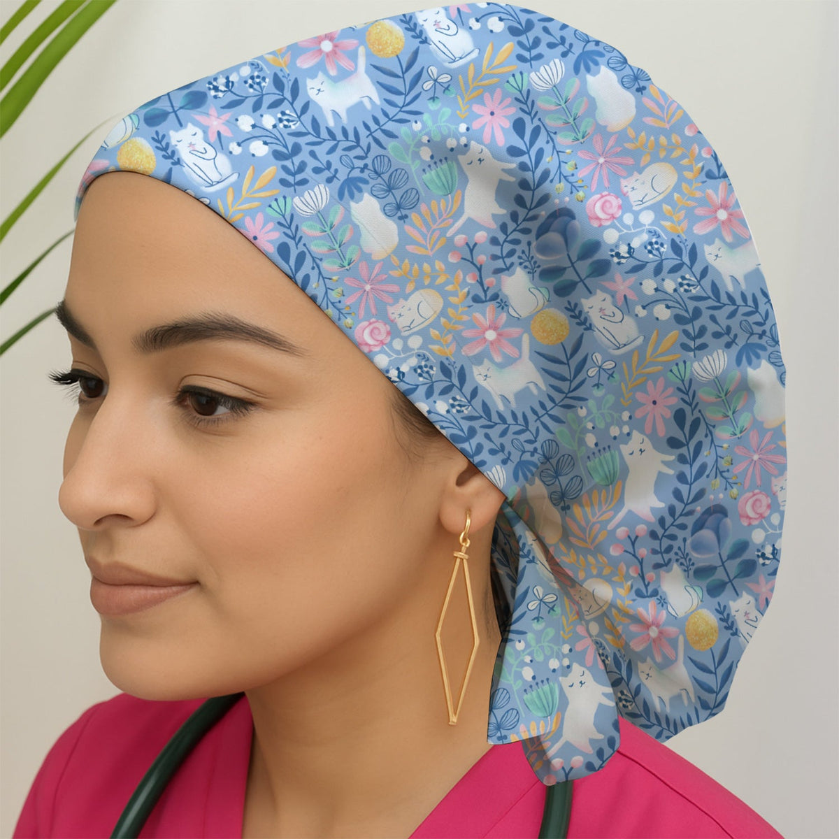 Whimsical Cat Floral Scrub Cap