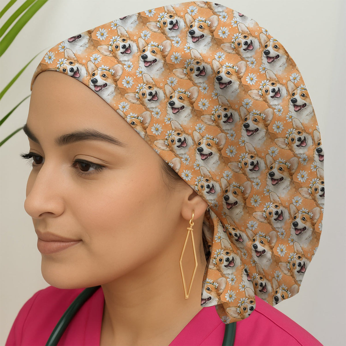 Corgi Daisy Floral Orange Scrub Cap For Nurse