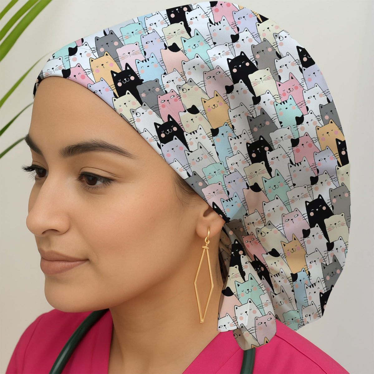 Cartoon Cat Crowd Scrub Cap