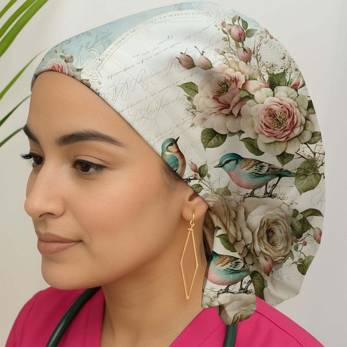 Vintage Birds Rose Scrub Cap