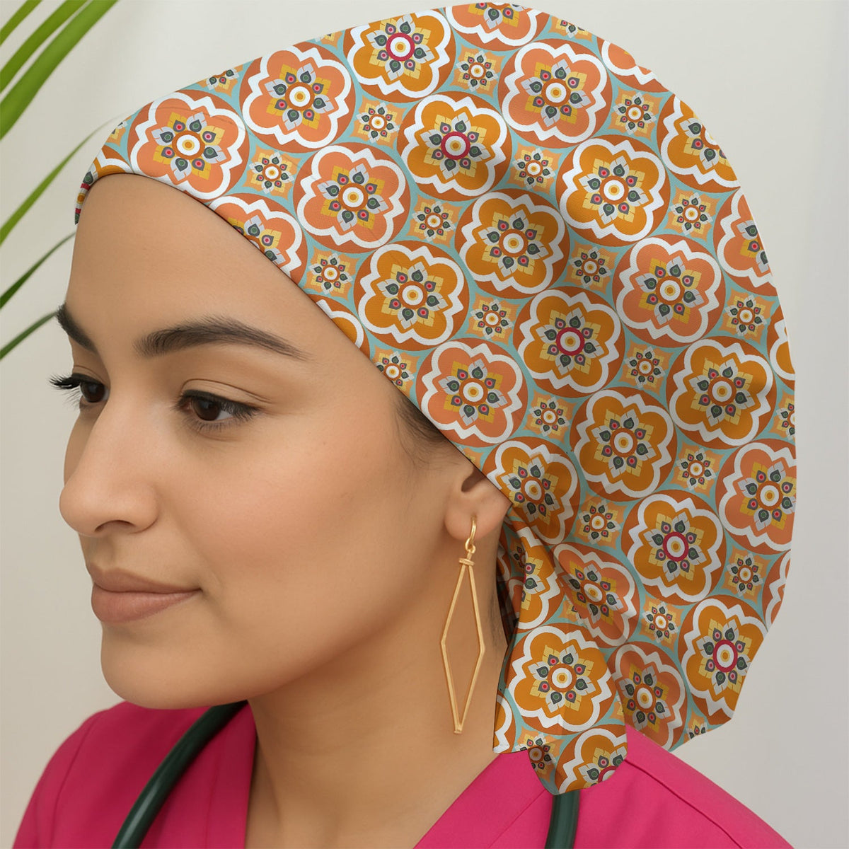 Orange Retro Geometric Floral Nurse Scrub Cap