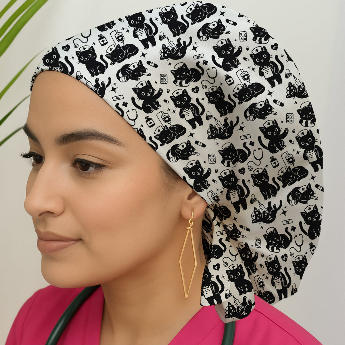 Cute White Black Cat Nurse Scrub Cap
