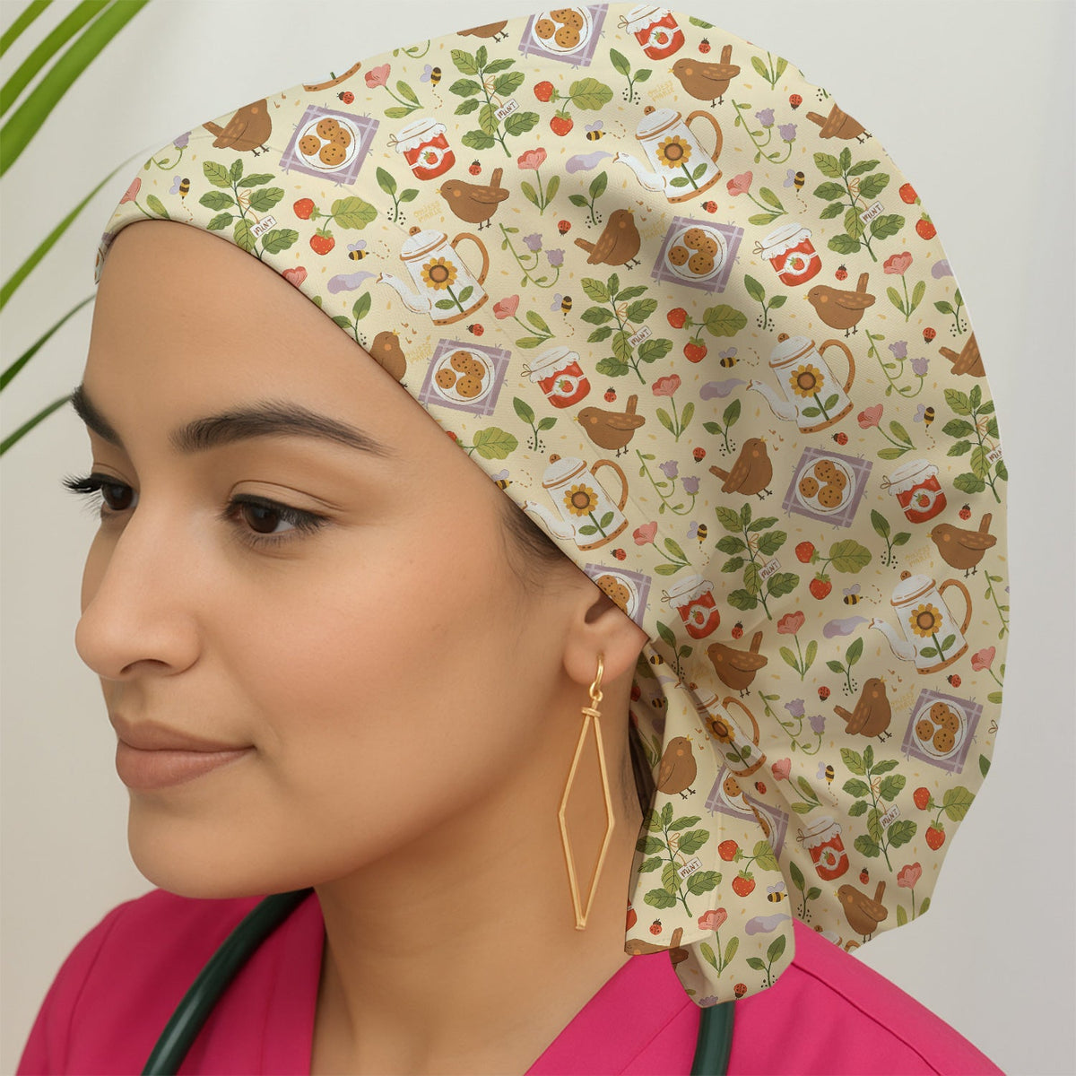 Garden Tea Bird Strawberry Scrub Cap