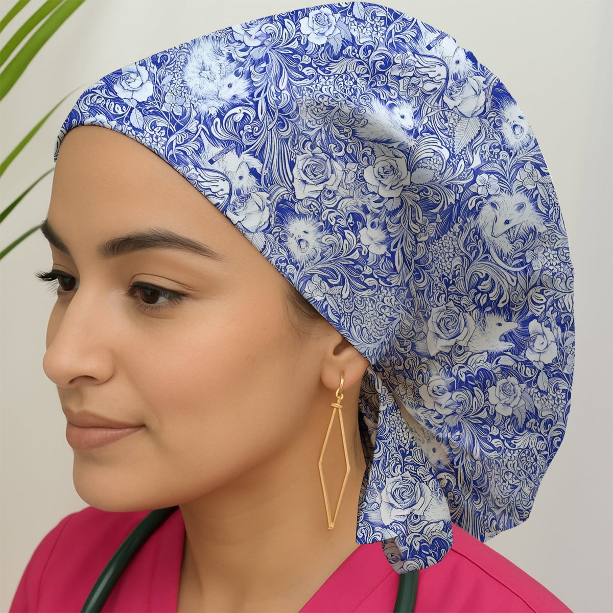 Blue Toile Porcupine Floral Scrub Cap