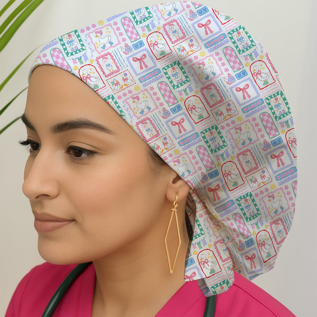 Adorable Goose Ribbon Patchwork Frame Scrub Cap