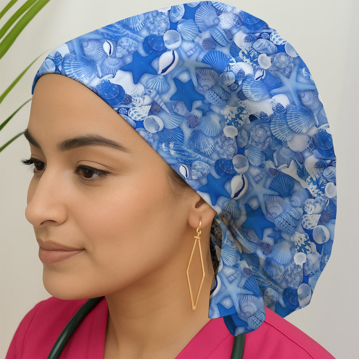 Blue Seashell Starfish Ocean Scrub Cap