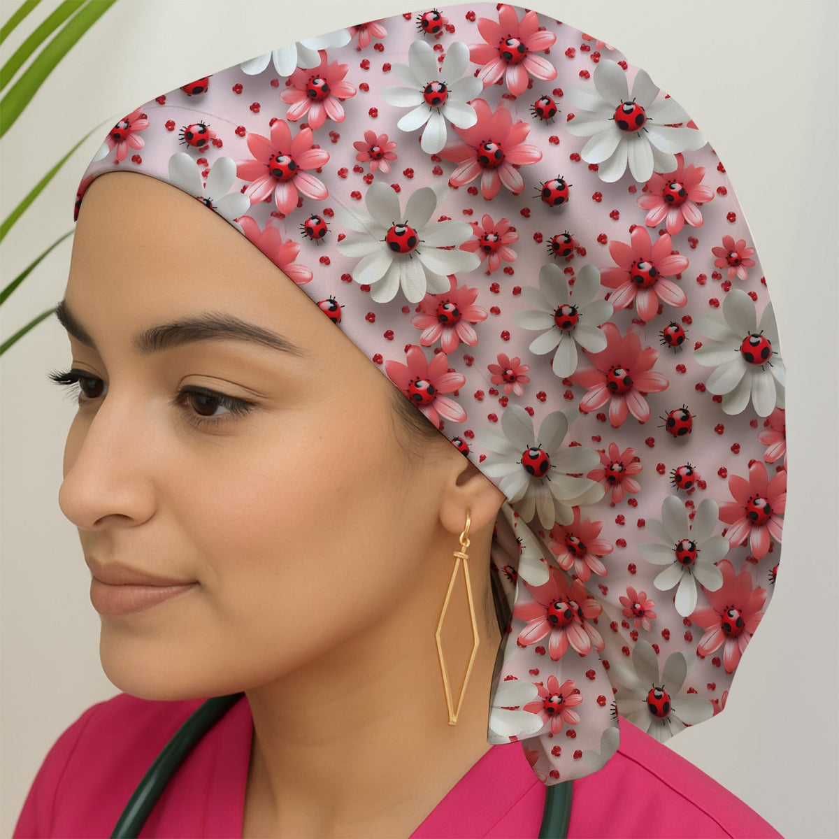 Red Ladybug Flower Scrub Cap