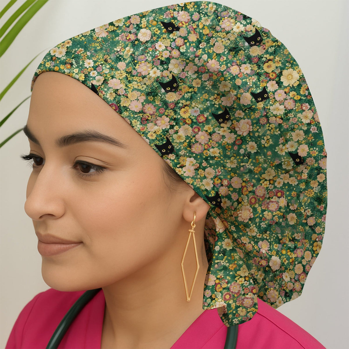 Cute Black Cat Floral Garden Scrub Cap