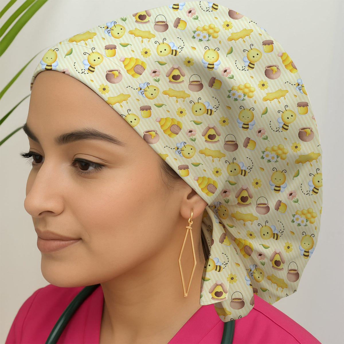 Cute Bee Honey Flower Stripe Scrub Cap