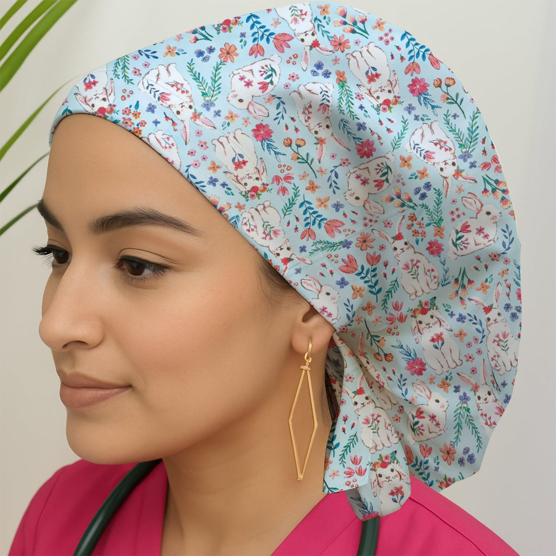 Springtime Bunny Floral Scrub Cap