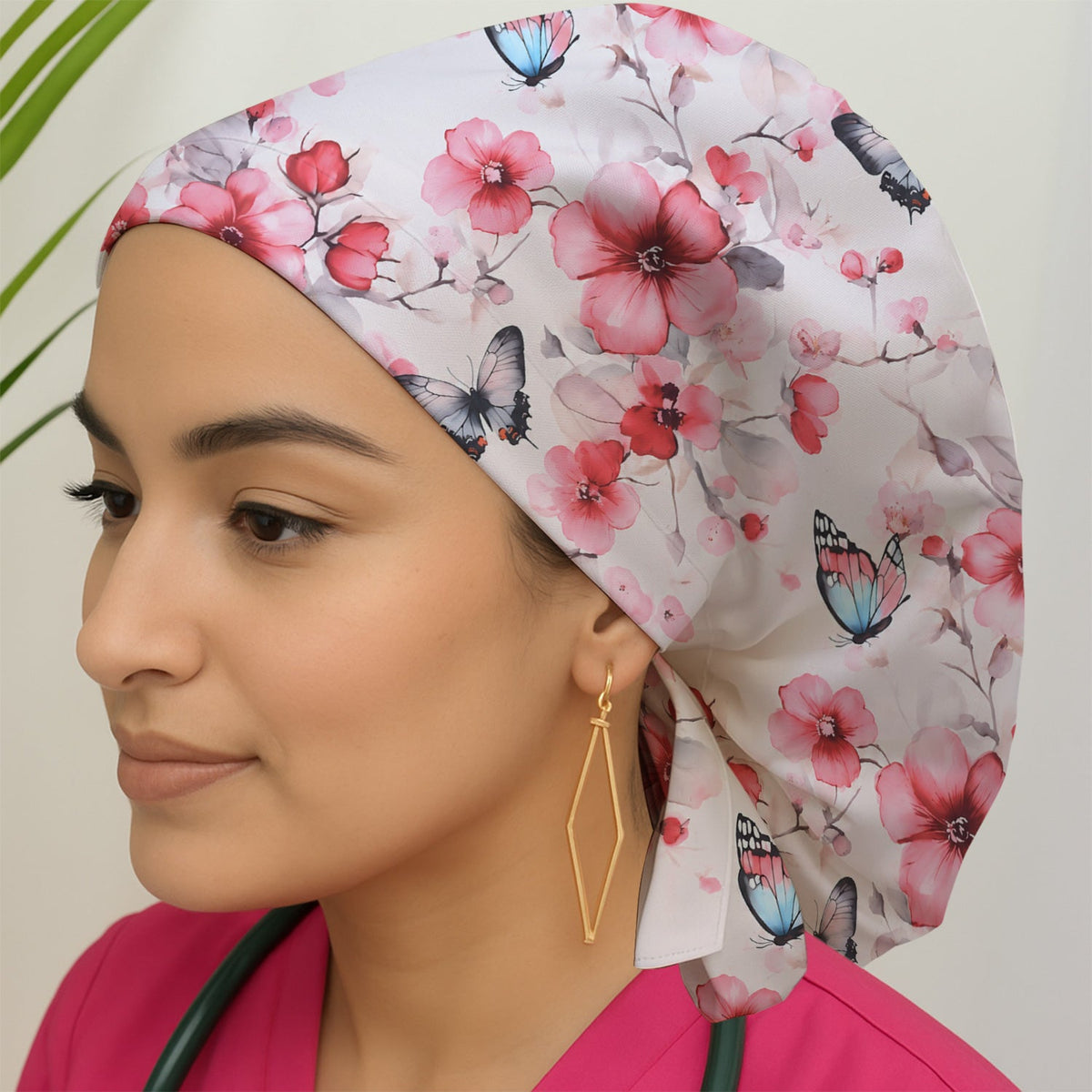 Pink Butterfly Blossom Nurse Scrub Cap