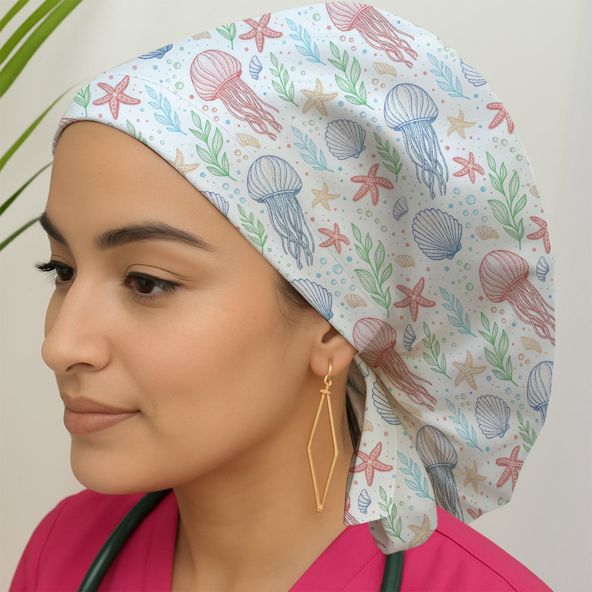 Ocean Jellyfish Starfish Seashell Nurse Scrub Cap