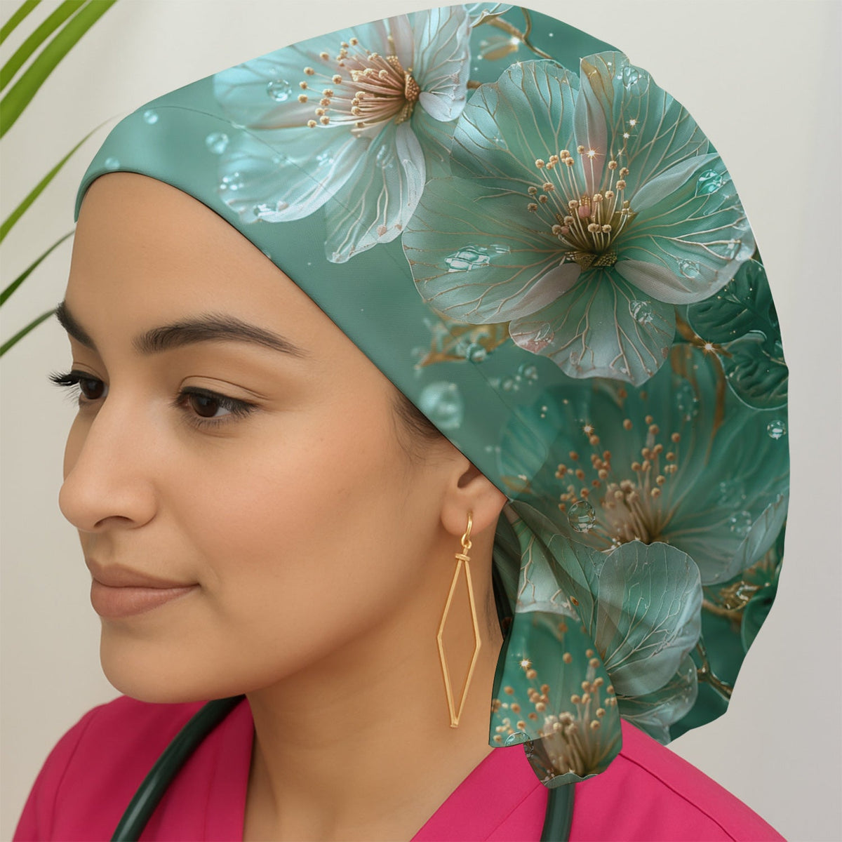Elegant Mint Blossom Dewdrop Scrub Cap