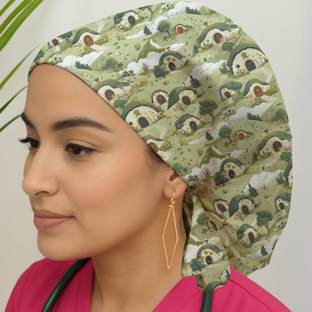 Cozy Hobbit Village Landscape Scrub Cap