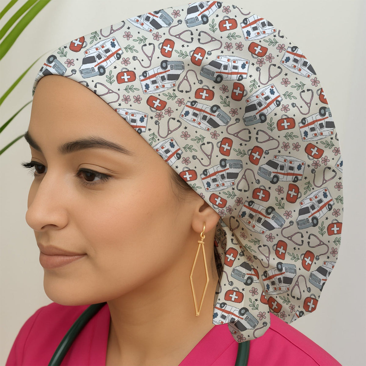 Ambulance Stethoscope First Aid Floral Scrub Cap