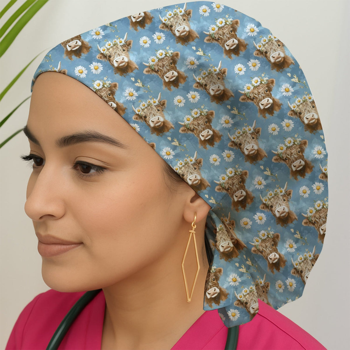 Highland Cow Daisy Flower Scrub Cap For Nurse