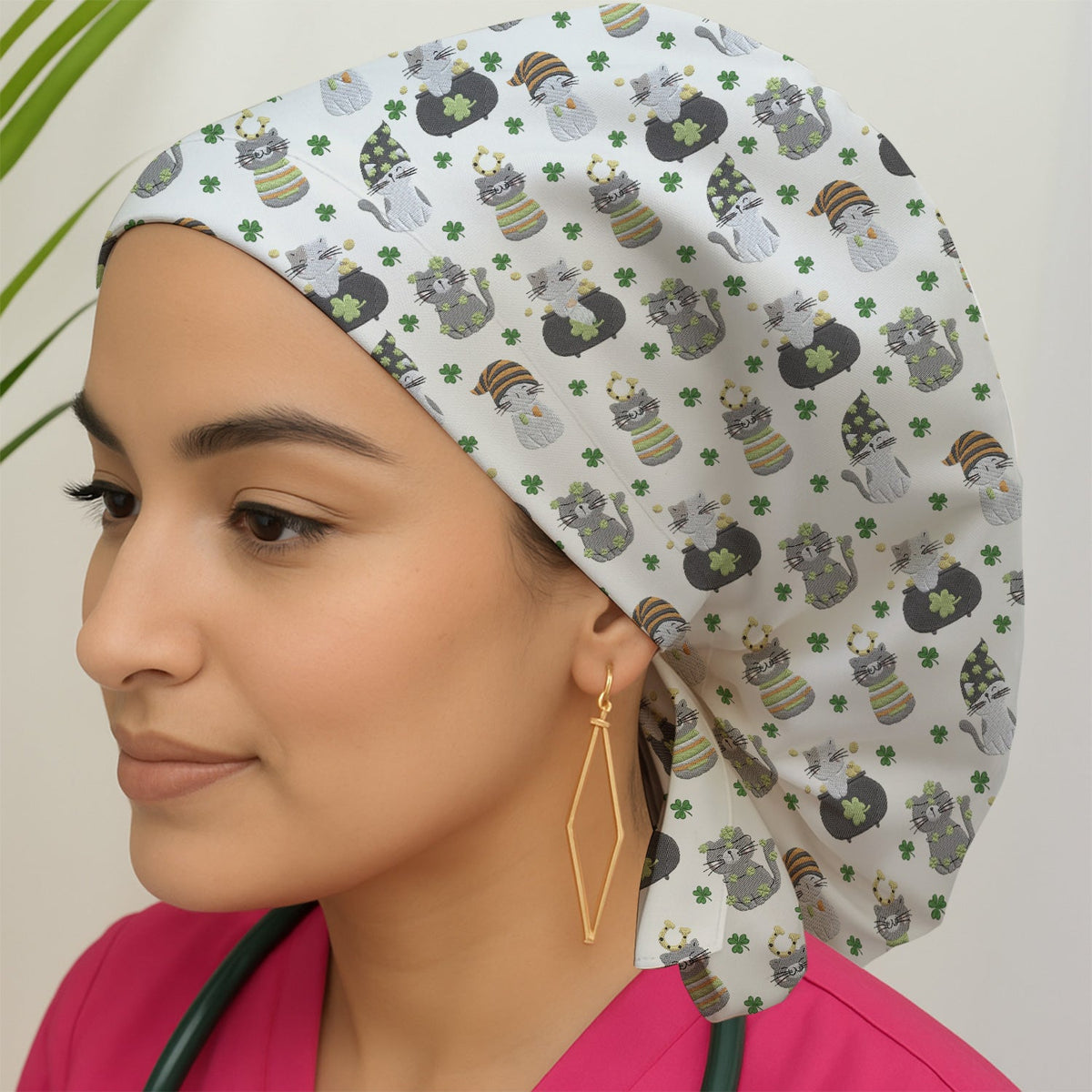 St Patrick Lucky Cat Shamrock Scrub Cap