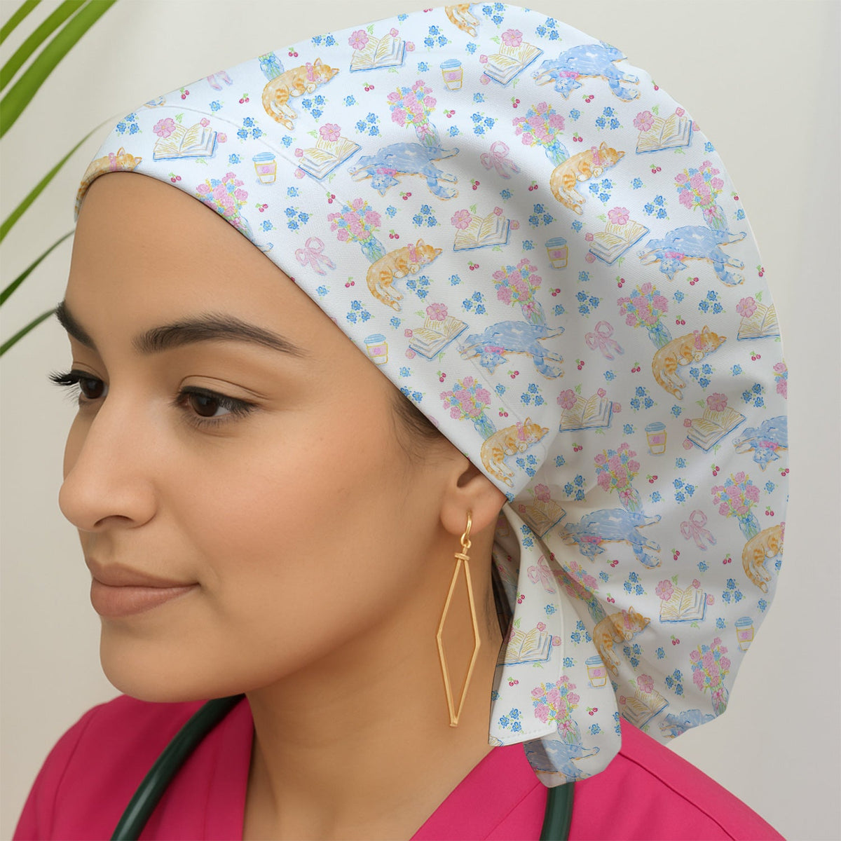 Cats Reading Floral Books Scrub Cap
