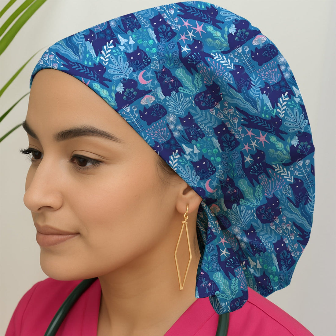 Adorable Celestial Cat Moon Star Scrub Cap