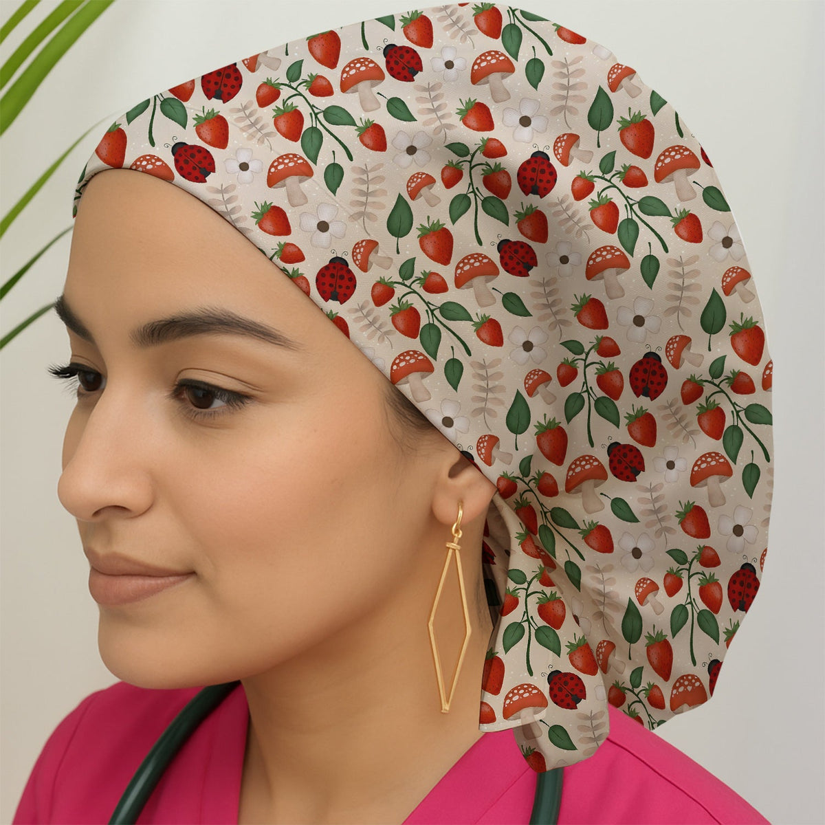 Strawberry Ladybug Mushroom Floral Scrub Cap