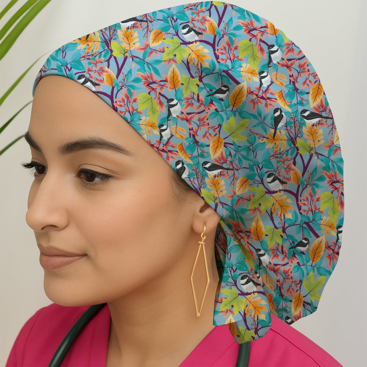 Autumn Leaf Chickadee Bird Scrub Cap