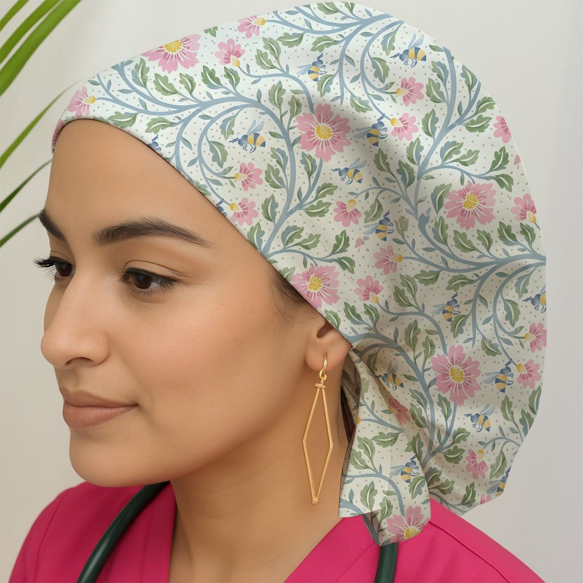 Floral Bee Garden Scrub Cap