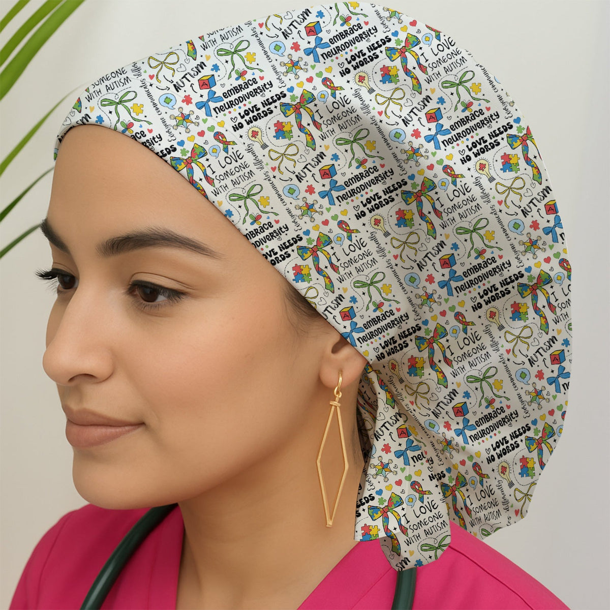 Autism Awareness Puzzle Ribbon Pastel Scrub Cap
