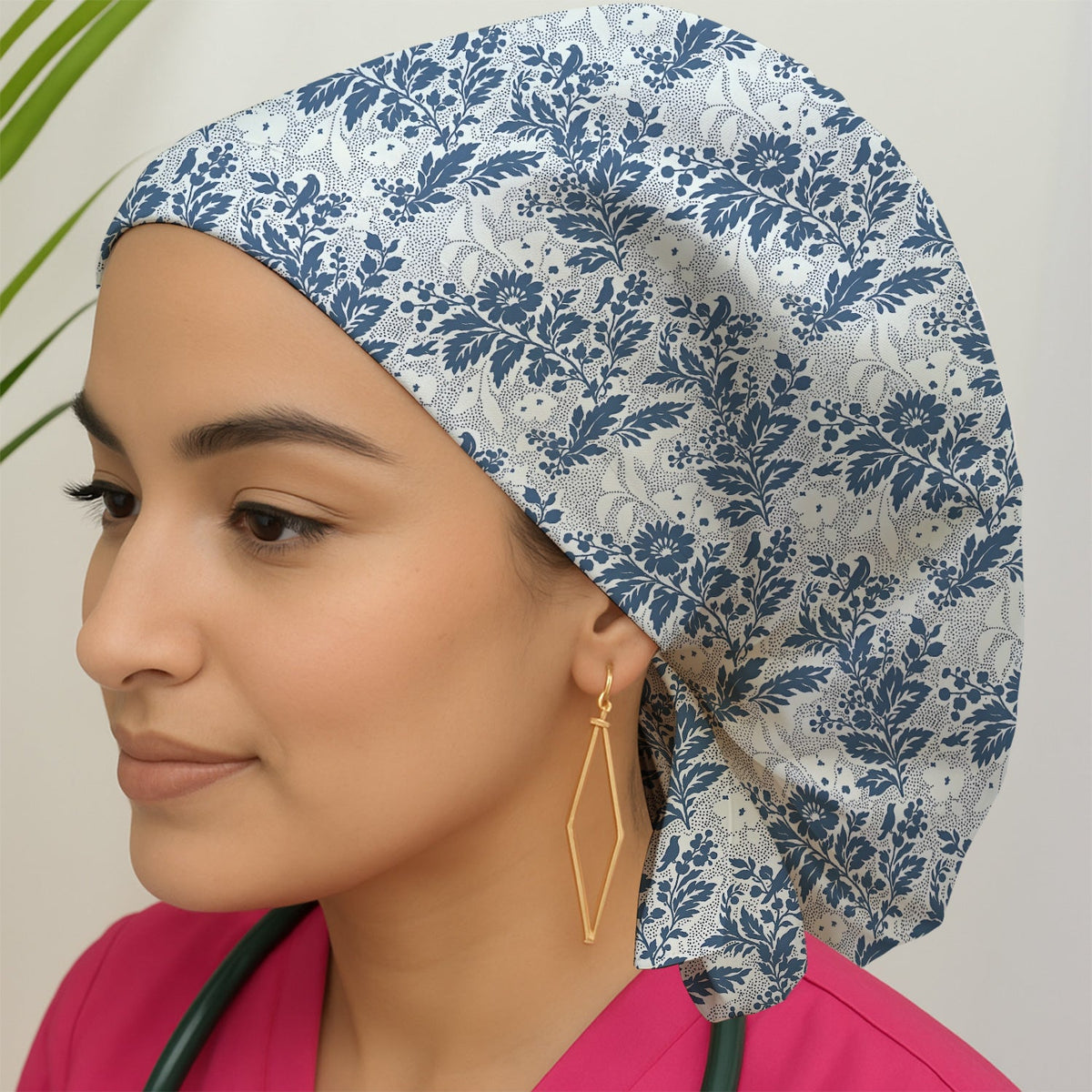 Cute Blue Floral Botanical Nurse Scrub Cap