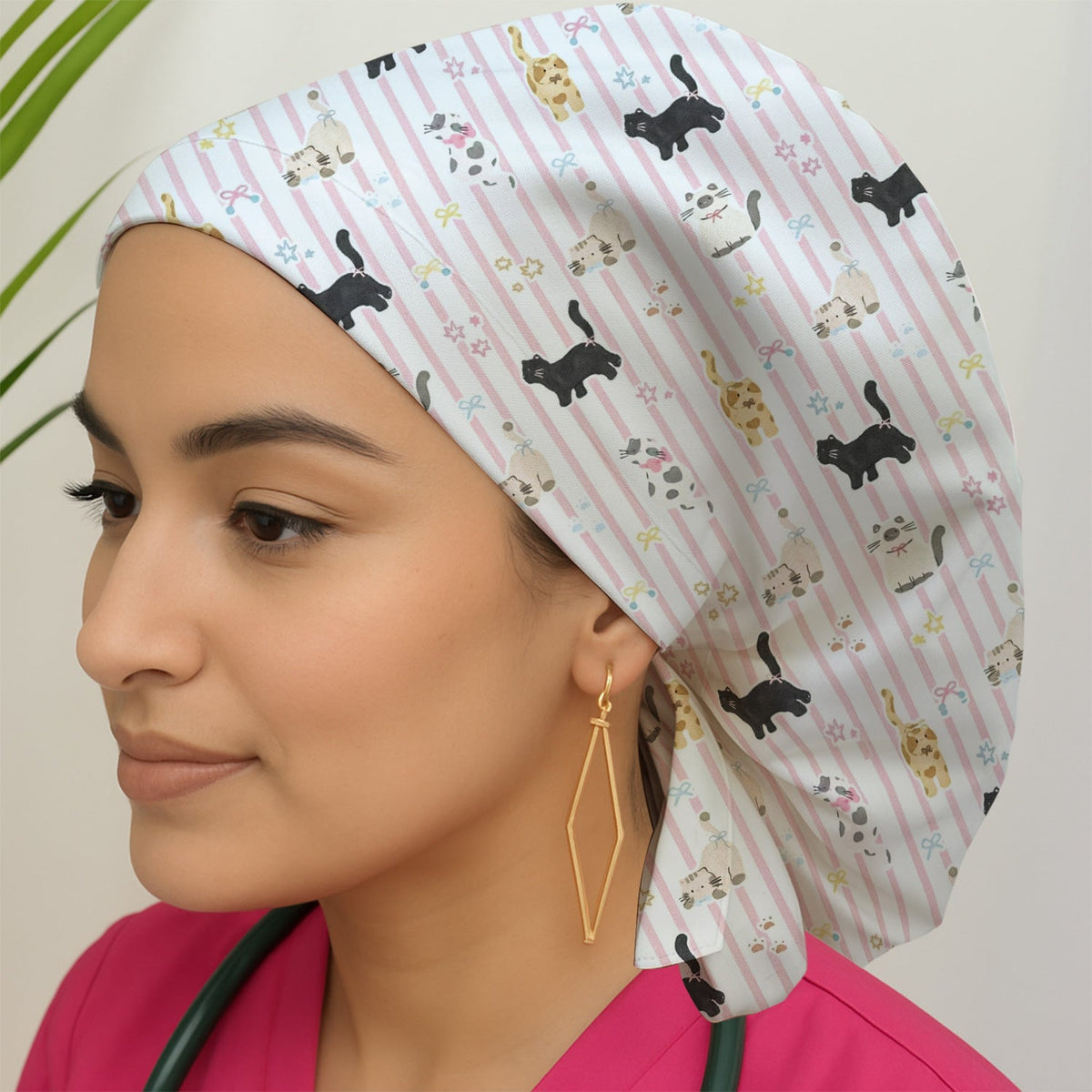 Playful Cat Stripe Ribbon Scrub Cap