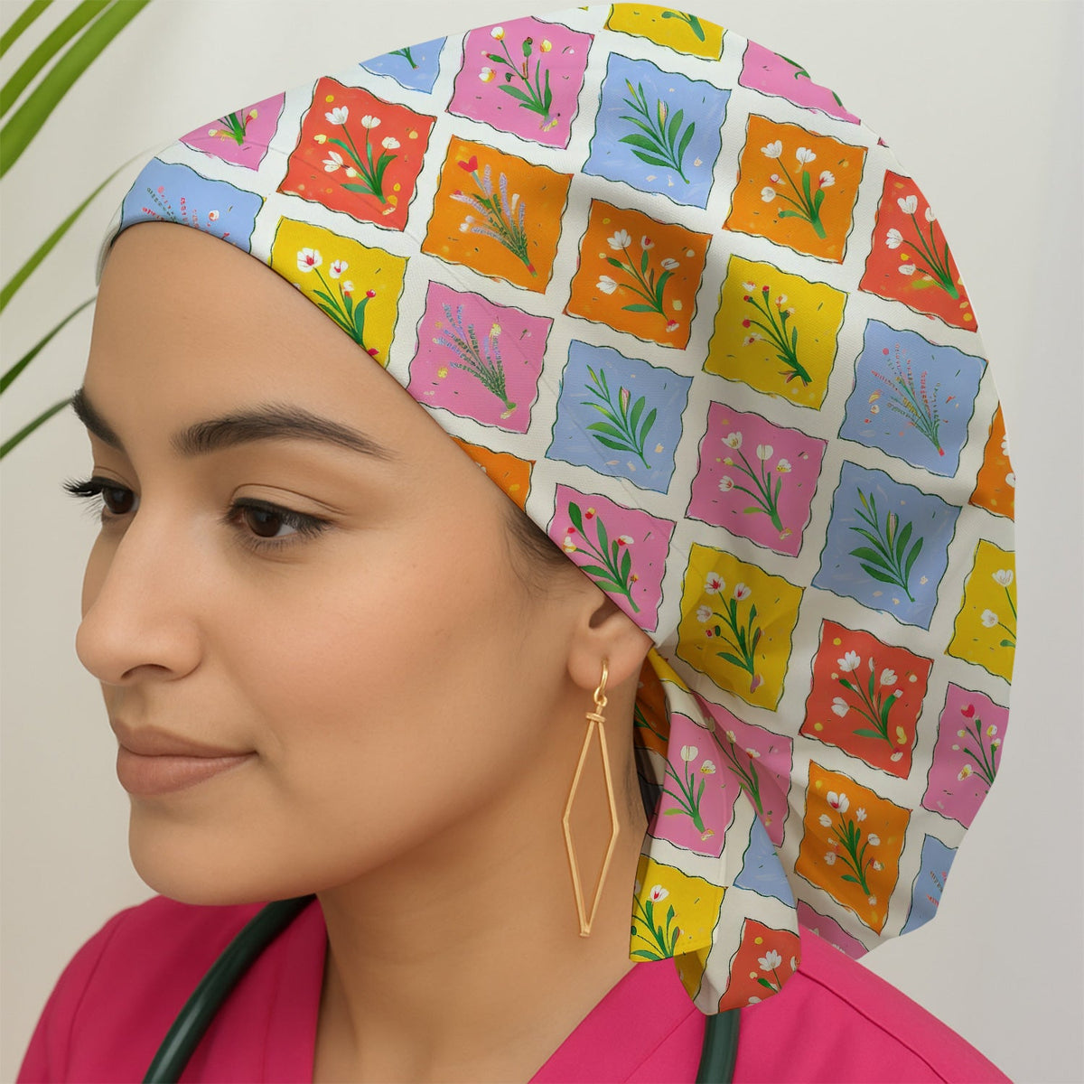 Colorful Floral Tile Scrub Cap