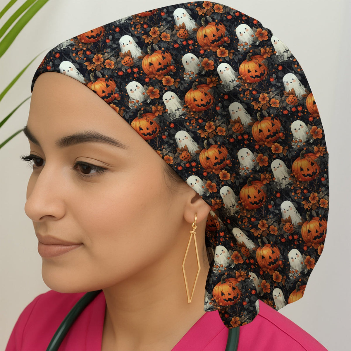 Spooky Ghost Pumpkin Scrub Cap