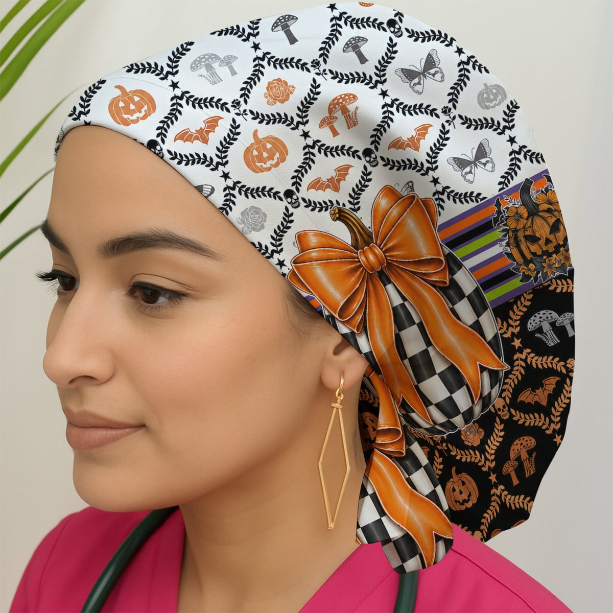 Checkered Pumpkin Bow Scrub Cap - Halloween Gift For Nurse