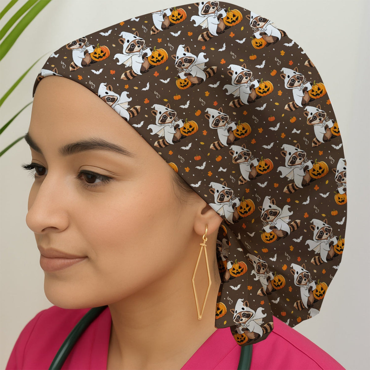 Ghost Raccoon Pumpkin Scrub Cap - Halloween Gift For Nurse
