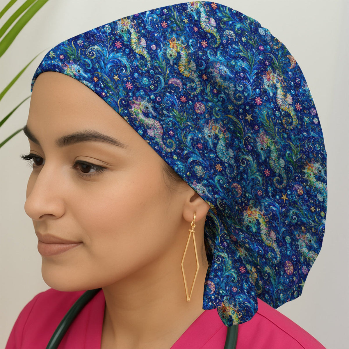 Vibrant Seahorse Ocean Swirl Scrub Cap
