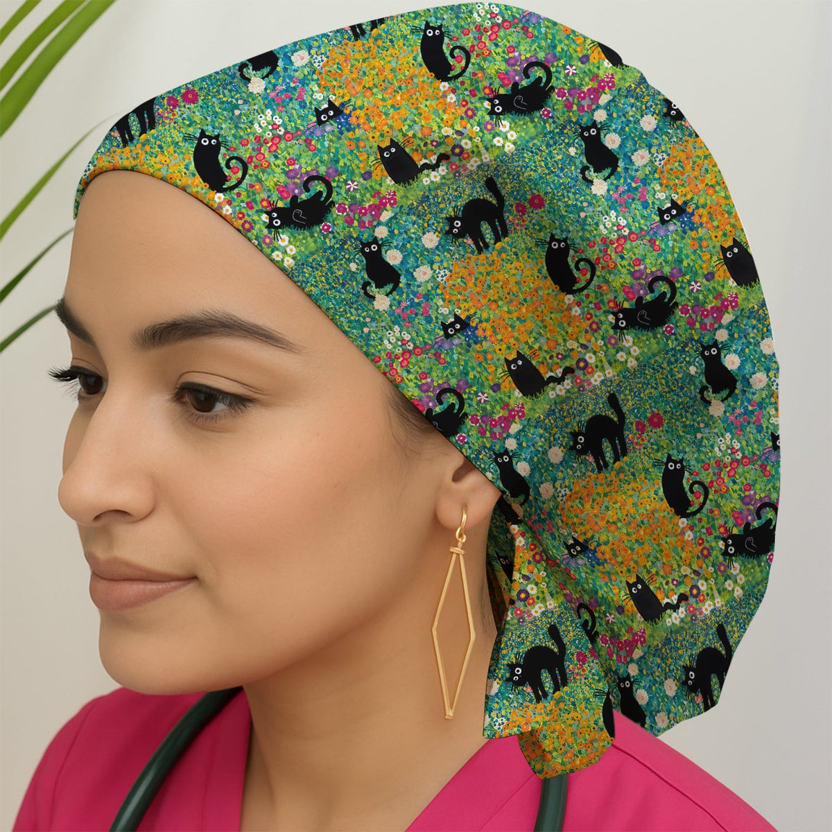 Black Cat Flower Garden Scrub Cap