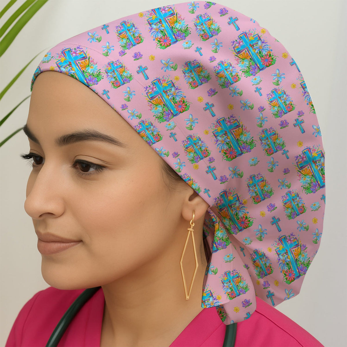 Christian Floral Cross Spring Scrub Cap