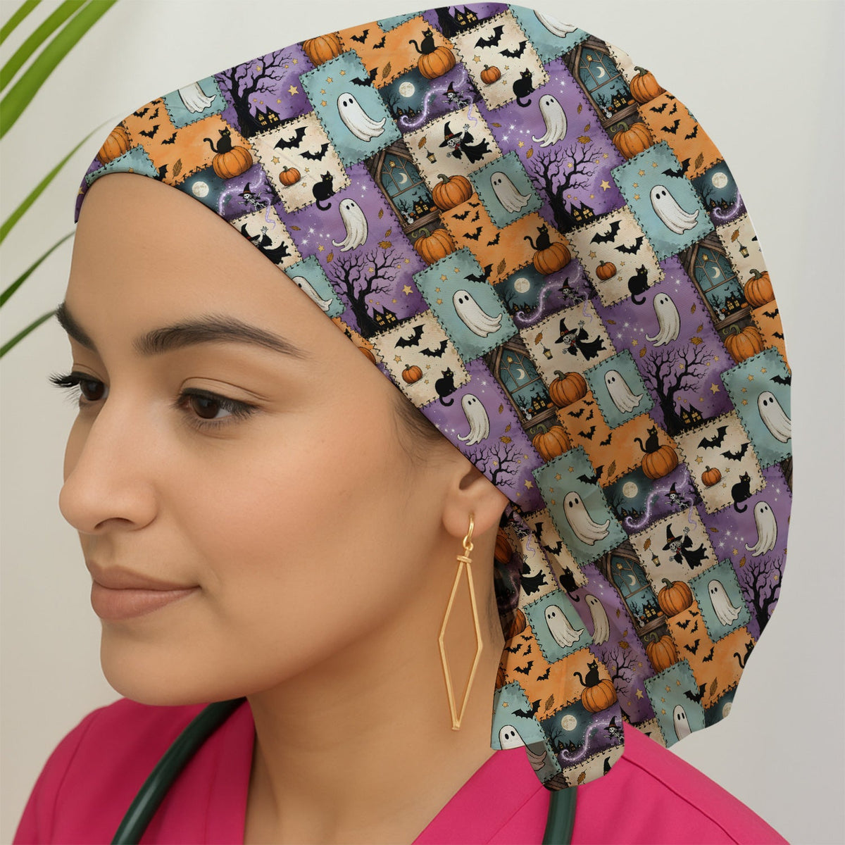 Spooky Ghost Black Cat Patchwork Scrub Cap