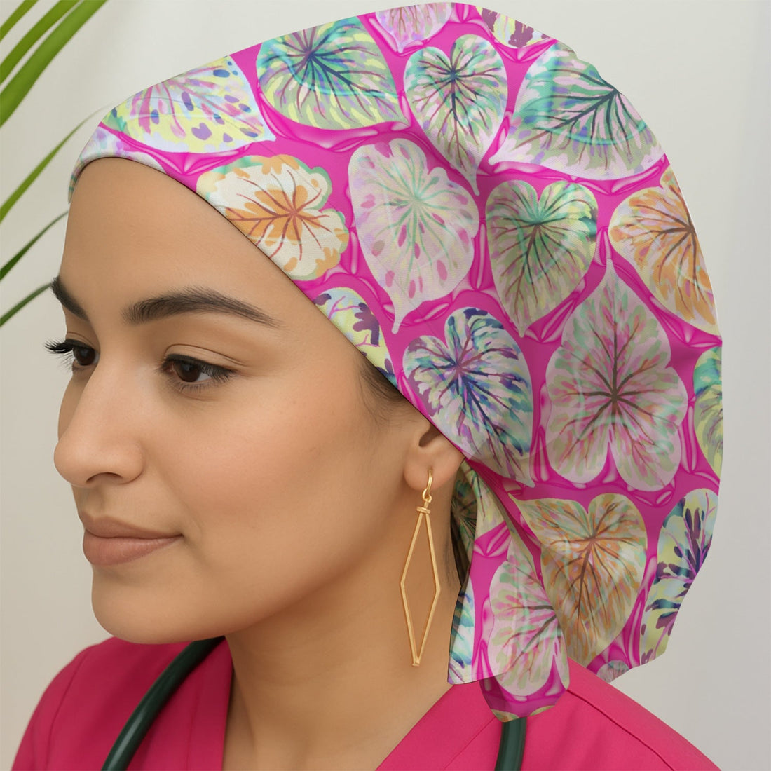 Tropical Colorful Leaf Nurse Scrub Cap