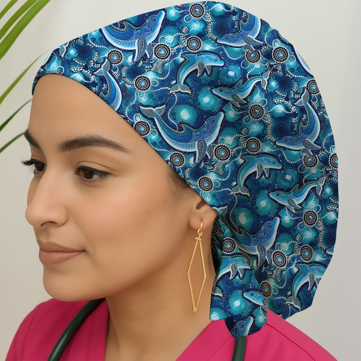 Ocean Dolphin Aboriginal Dot Nurse Scrub Cap
