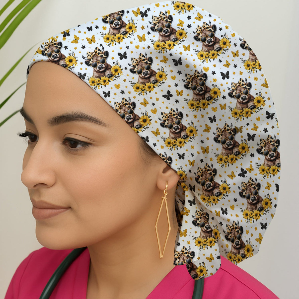 Sassy Highland Cow Sunflower Scrub Cap