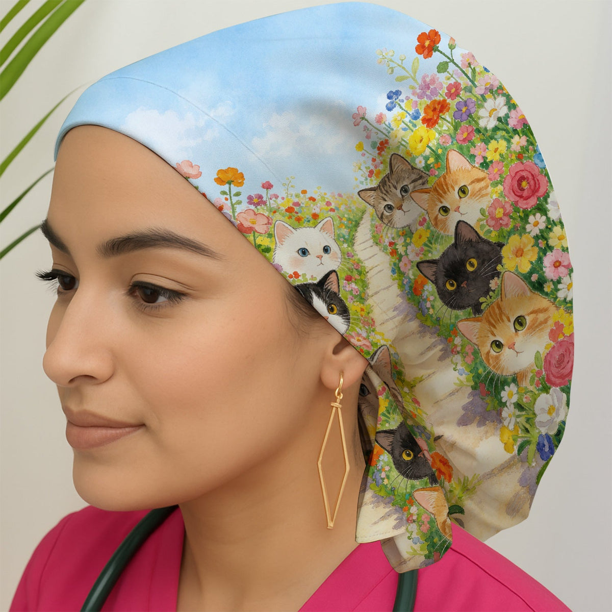 Garden Cats Flower Path Scrub Cap