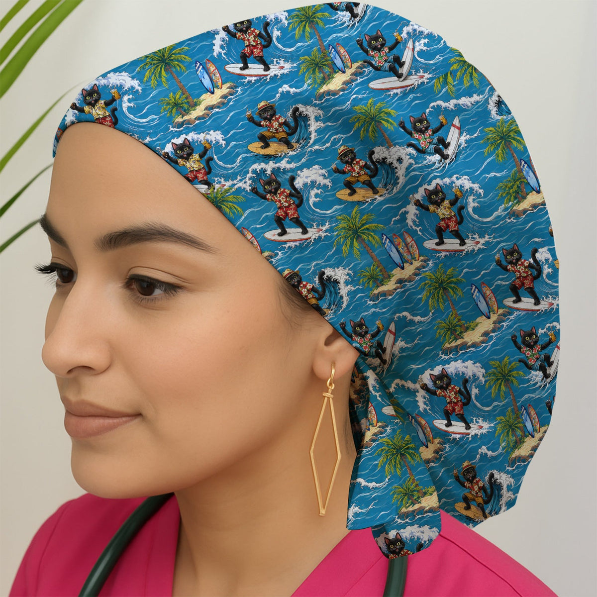 Tropical Black Cat Surfer Island Scrub Cap