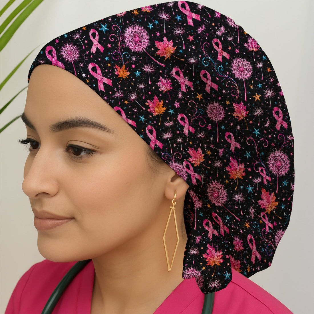 Breast Cancer Pink Ribbon Fall Scrub Cap
