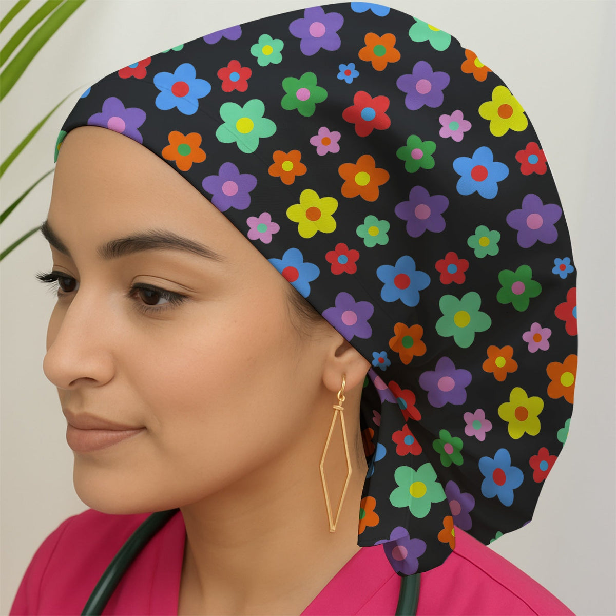 Colorful Retro Flower Scrub Cap