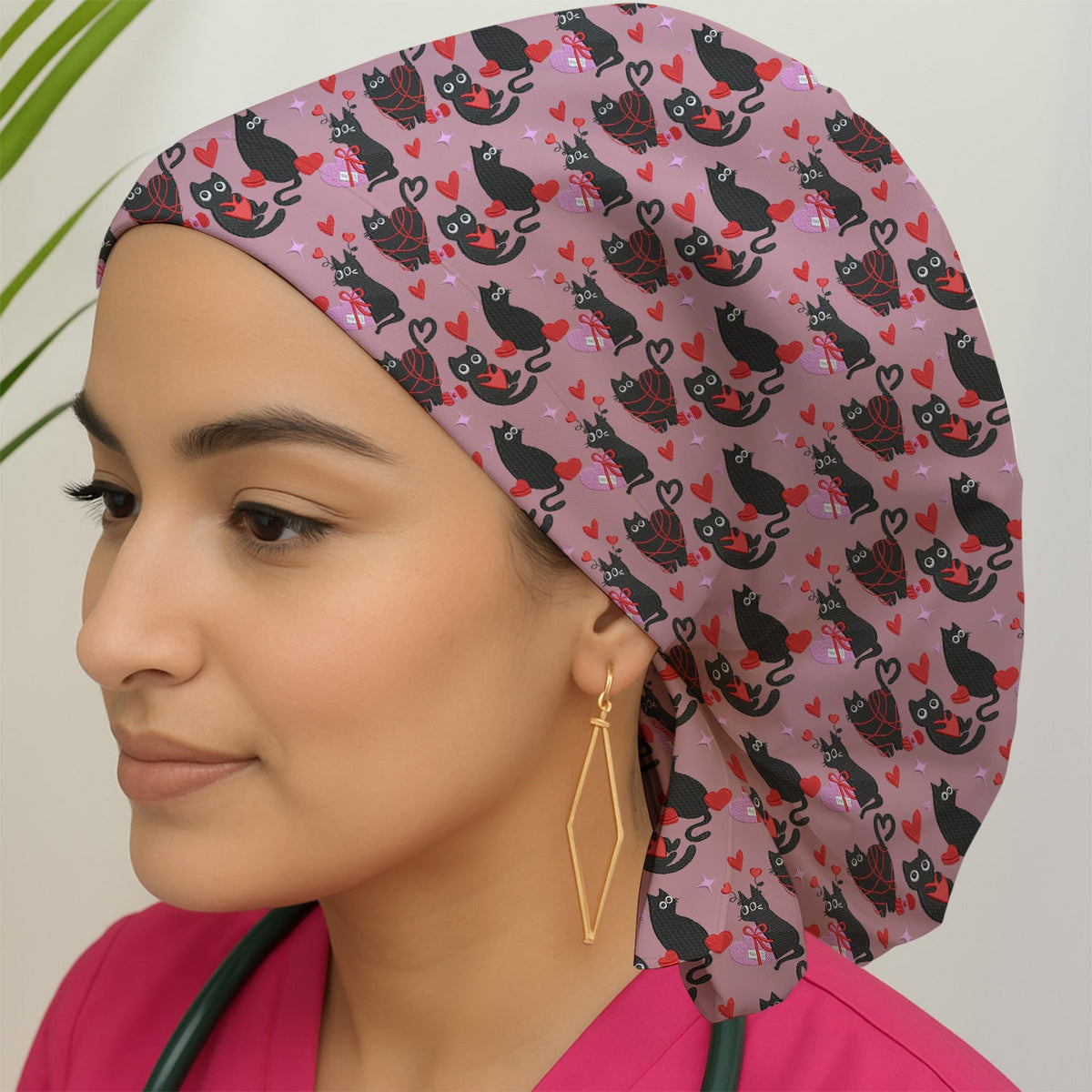 Valentine's Day Black Cat Heart Scrub Cap