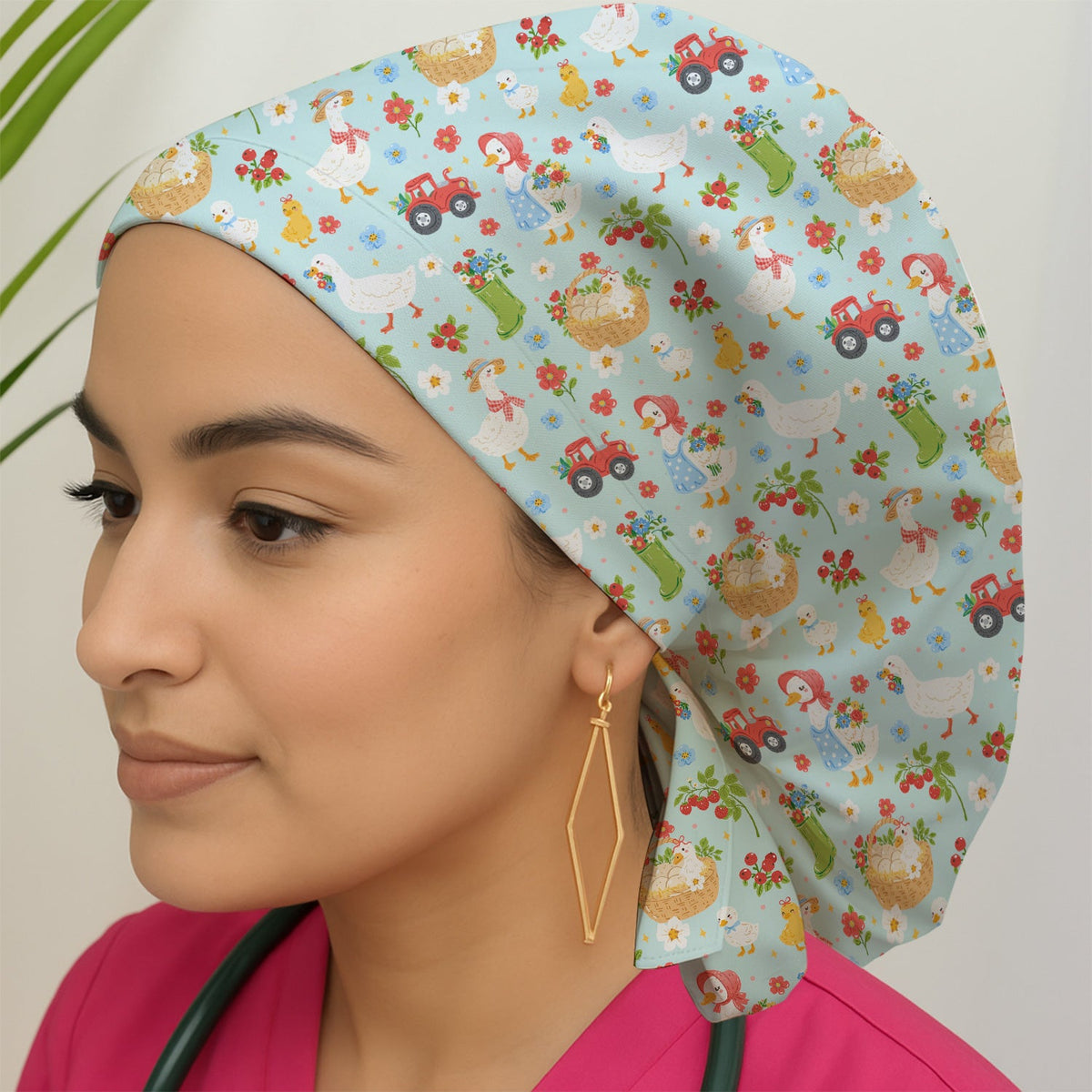 Farm Duck Chicken Tractor Flower Basket Scrub Cap