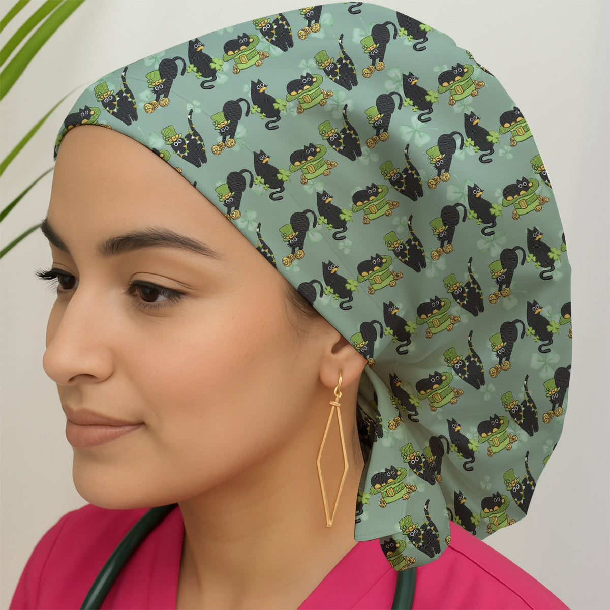 St Patrick Black Cat Clover Scrub Cap
